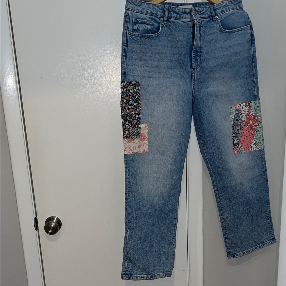 LOFT Blue Floral Patchwork Straight Leg Jeans
